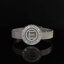 Letter E Латунные браслеты с микропаве из прозрачных кубических цирконий для женщин, плоские круглые с буквы, платина, Письмо E, 8-1/4 дюйм (21 см)