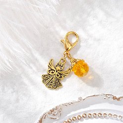 Оранжевый Подвесные украшения в виде ангела из сплава в тибетском стиле, с подвесками из гальванического стекла и застежками-лобстерами из цинкового сплава, оранжевые, 36 мм