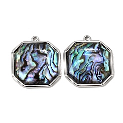 Square 304 Stainless Steel & Natural Paua Shell Pendants, Stainless Steel Color, Square Charm, 28x25.5x4mm, Hole: 1.8mm