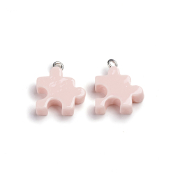 Pink Plastic Pendants, with Iron Loop, Puzzle Piece, Platinum, Pink, 19x15~15.5x4.5~5mm, Hole: 2mm