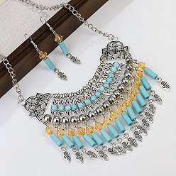 Античное Серебро Комплекты из ожерелий и висячих серег из сплава, стекла и смолы с подвесками в виде колонны, античное серебро, 440 мм