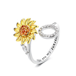 Letter O Регулируемые вращающиеся манжеты из латуни со стразами, письмо и подсолнух, Словом ты мое солнышко, Кольцо-спиннер для успокоения беспокойства, медитации, платина и светлое золото, Письмо O, внутренний диаметр: 15~20 мм