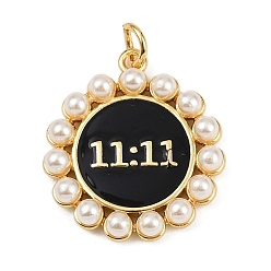 Черный Латунь эмаль подвески, с искусственным жемчугом из АБС-пластика и прыгающим кольцом, плоский круглый с 11:11, с целью перехода в кольце, без кадмия и без свинца, стойки покрытие, долговечный, реальный 18 k позолоченный, чёрные, 23x20x4 мм, отверстие : 3 мм