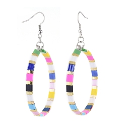 Colorful Dangle Earrings, with 2-Hole Glass Seed Beads, Steel Memory Wire and 316 Surgical Stainless Steel Earring Hooks, Ring, Colorful, 79mm, Pin: 0.7mm