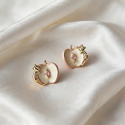 Floral Blanca Pendientes de botón de latón con circonita cúbica individual engastada para mujer., manzana con forma de gato, con esmalte, dorado, blanco floral, 10 mm