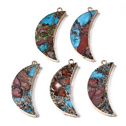 Indian Red Assembled Natural Bronzite & Synthetic Turquoise & Imperial Jasper Pendants, with Light Gold Iron Loop and Brass Edge, Moon, Indian Red, 18x36x5~7mm, Hole: 2mm