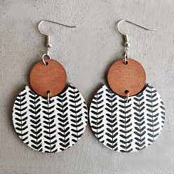 Черный Деревянные серьги с подвесками в богемном стиле, плоские круглые с рисунком, платина, чёрные, 60 мм