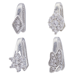 Платина 16шт. 4 стиль латунные микропаве кубический цирконий зажимные скобы, Цветок, ромб и бабочка на шпильках для изготовления подвески, без кадмия и без свинца, платина, 9~16x6~7x3.5~10 мм, штифты : 0.75~0.9 мм, 4 шт / стиль