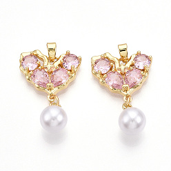 Бледно-Розовый Латунные подвески с микропаве из кубического циркония и искусственного жемчуга ABS, без кадмия и без свинца, бабочки прелести, розовый жемчуг, 29~29.5x18~18.5x5~5.5 мм, отверстие : 2~2.5x5 мм