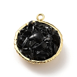 Black Onyx Подвески из натурального черного оникса, с реечным покрытием из латуни с покрытием из настоящего золота 18k, круглые, без кадмия, без никеля и без свинца, окрашенная и подогревом, 24x20x10~13 мм, отверстие : 1.8 мм