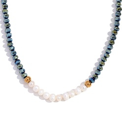 Стально-синий Модное женское ожерелье с жемчугом в европейском стиле, ручная работа, нержавеющая сталь, пресноводный жемчуг, хрусталь с глубокой огранкой