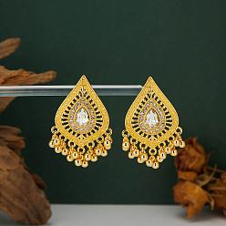 Golden Alloy Rhinestone Chandelier Earrings, Stud Earrings for Women, Teardrop, Golden, 45mm