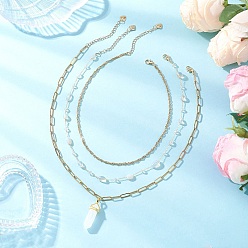 Хрусталь Подвеска в виде пули с двумя концами из натурального кварцевого кристалла 304 цепочка из нержавеющей стали и латуни 3 многослойные ожерелья для женщин, золотые, 14.88~18.23 дюйм (37.8~46.3 см), 3 шт / комплект