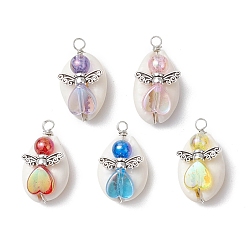 Angel & Fairy Натуральные смешанные бусины из ракушек каури с экологически чистыми прозрачными акриловыми бусинами и подвесками в виде крыльев феи из сплава в тибетском стиле, ангел и фея, 26x14x12 мм, отверстие : 2.5 мм