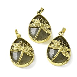 Лабрадорита Природные подвески лабрадорита, с фурнитурой латунной золотого тона, без свинца и без кадмия, слезинка с подвесками в виде стрекоз, 40~40.5x26~26.5x8.5~9.5 мм, отверстие : 7~8x4.5~5 мм