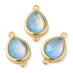 Light Sky Blue Synthetic Opal Connector Charms, Rack Plating Brass Teardrop Links, Golden, Light Sky Blue, 17.5x10.5x5mm, Hole: 1.4mm