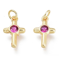 Hot Pink Brass Micro Pave Cubic Zirconia Tiny Cross Charms, with Jump Rings, Golden, Hot Pink, 12.5x7.5x2.5mm, Hole: 1.5mm, Jump rings: 3.5x0.8mm