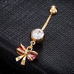 Rot Messing Zirkonia Nabel Ring, Bauchringe, mit 304 Edelstahlleiste, cadmiumfrei und bleifrei, echt 18 k vergoldet, Schleife, rot, 36x12 mm, Stange: 15 Spurweite(1.5mm), Stangenlänge: 3/8"(10mm)