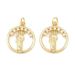 Real 16K Gold Plated Religion Brass Micro Pave Clear Cubic Zirconia Pendants, Flat Round with  St. Jude Charms, Real 16K Gold Plated, 19.5x17x3mm, Hole: 3mm