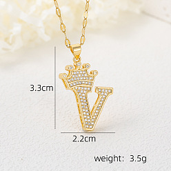 Letter V Хип-хоп латунные микропаве кубические цирконии корона инициал подвеска ожерелья, 304 ожерелья из нержавеющей стали с цепочкой для женщин, золотые, Буква V, 15.75 дюйм (40 см)