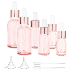Pink 12 Sets 3 Styles Column Glass Aromatherapy Subpackage Bottle, Dropper Bottles, with 12Pcs Aluminium Oxide Cover, 12Pcs PP Plug, 2Pcs Plastic Pipettes & 2Pcs Funnel Hopper, Pink, 2.2~3.3x7.3~10.1cm, Capacity: 5~30ml(0.17~1.01fl. oz), 4 sets/style