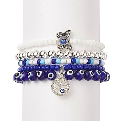 Blue 5Pcs 5 Style Evil Eye Lampwork & Glass Beaded Stretch Bracelets Set, Butterfly & Tree Alloy Charms Stackable Bracelets for Women, Blue, Inner Diameter: 2-1/8 inch(5.3~5.5cm), 1Pc/style