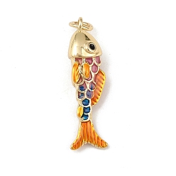 Разноцветный Латунь эмаль подвески, рыба, с прыжковых колец, без свинца и без кадмия, долговечный, стойки покрытие, реальный 18 k позолоченный, красочный, 26x6x8 мм, отверстие : 3 мм