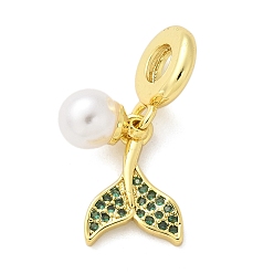 Настоящее золото 18K Латунные микро проложить кубического циркония европейская качают шарики, рыбий хвост, с ABS имитации жемчуга, стойки покрытие, долговечный, без свинца и без кадмия, реальный 18 k позолоченный, 16x11x2 мм, отверстие : 4.5 мм