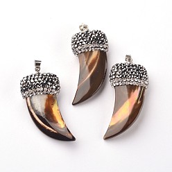 Раковина Итальянский подвески рога оболочки, с платиновым покрытием выводов из латуни и полимерной глины горный хрусталь, 38~39x17~18x8~9 мм, отверстие : 4x5 мм