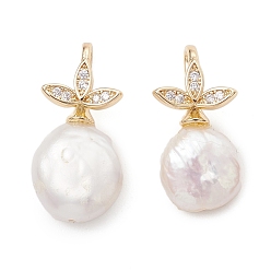 Золотой Подвески из натурального барочного жемчуга кеши, плоские круглые подвески с латунным микропаве из кубического циркония в форме листа, цветочный белый, золотые, 23x12x6 мм, отверстие : 5x2.5 мм