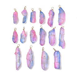 Разноцветный 16 шт. гальванические необработанные грубые подвески из натурального кварца, Подвески-самородки в обертке из светлой позолоченной медной проволоки, граненые, красочный, 32~46x8.5~9.5x8~10 мм, отверстие : 4 мм