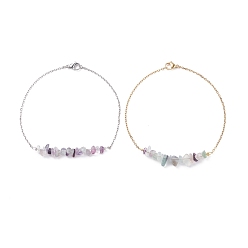 Fluorite 2Pcs 2 Color Natural Fluorite Chips Beaded Anklets Set with 304 Stainless Steel Cable Chains, Gemstone Jewelry for Women, 9.84 inch(25cm), 1Pc/color
