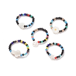 Mixed Patterns Shell & Glass Beaded Stretch Finger Ring for Women, Mixed Patterns, US Size 7 3/4(17.9mm)