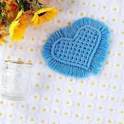 Deep Sky Blue Cotton Macrame Cup Mats, Handmade Braided Tassel Coaster, Heart, Deep Sky Blue, 150x200mm