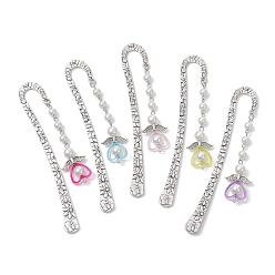 (52) Непрозрачная лаванда Подвески-ангелы-закладки, закладки-крючки из сплава в тибетском стиле, Закладка из стекла с имитацией жемчуга и акриловым сердцем, разноцветные, 123 мм