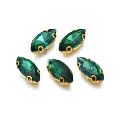 Teal Sew on Rhinestone, Transparent Glass Rhinestones, with Iron Prong Settings, Faceted, Horse Eye, Teal, 15x7x4.5mm, Hole: 1mm
