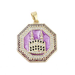 Фиолетовый Покрытие стойки латунь микропаве прозрачные подвески из кубического циркония, с эмалью, долговечный, без свинца и без кадмия, шестигранные и замковые прелести, фиолетовые, 27.5x25x3 мм, отверстие : 3.5x6 мм