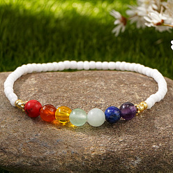 Смешанные камни Эластичные браслеты из натуральных и синтетических драгоценных камней и стеклянных бусин для женщин, круглые, с латунным, 6.89 дюйм (17.5 см)