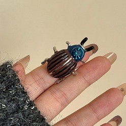 Coffee Brass Enamel Finger Rings, Beetle, Platinum, Coffee, 15~20mm