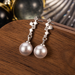 Platino Pendientes de botón geométricos cuadrados de latón con micro circonitas cúbicas engastadas, Pendientes colgantes grandes redondos de imitación de perlas para mujer, Platino, 24x8 mm