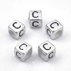 Letter C Покрытие акриловыми шариками, горизонтальное отверстие, куб с письмом, античное серебро, letter.c, 6 мм, отверстие : 3 мм, Около 3000 шт / 500 г