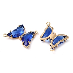 Blue Brass Pave Faceted Glass Connector Charms, Golden Tone Butterfly Links, Blue, 20x22x5mm, Hole: 1.2mm