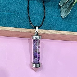 Аметист Ожерелье из цинкового сплава со стеклянной шестиугольной бутылкой, внутри которой находится подвеска из натуральных аметистовых крошек, на шнурке из черной искусственной кожи., платина, 19.69 дюйм (50 см)