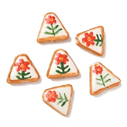 Оранжево-Красный Фарфоровые бусины ручной работы, бусины ручной работы, Треугольник с цветком, с эмалью, оранжево-красный, 15~16x17~18x5~6 мм, отверстие : 1.4~1.5 мм