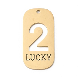 Настоящее золото 18K 304 подвески из нержавеющей стали, овал с цифрой 2 и словом «счастливый», ионное покрытие (ip), реальный 18 k позолоченный, 35x17x1.5 мм, отверстие : 1.8 мм