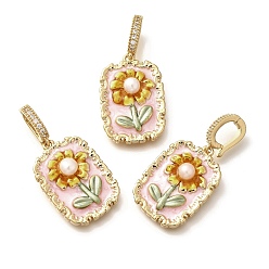 Rectangle Подвески из латуни с микропаве из циркония, с эмалью и натуральным жемчугом, реальный 18 k позолоченный, стойки покрытие, без свинца и без кадмия, прямоугольные, 25.5x17.5x6.5 мм, отверстие : 7.5x5 мм