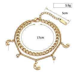 Moon 304 Stainless Steel Crystal Rhinestone 2-Strand Bracelets, Golden, Moon, 6.69 inch(17cm)