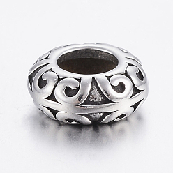 Античное Серебро 304 из нержавеющей стали бусы, бусины с большим отверстием, рондель, античное серебро, 11x5 мм, отверстие : 5.5 мм