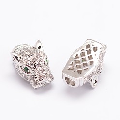 Платинированный Латунные микро проложить кубического циркония бусы, леопард, без свинца, без никеля и без кадмия, Реальная платина, 17x9.5x8 мм, отверстие : 1x2 мм, 2.5x3.5 мм