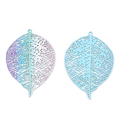 Colorful Spray Painted Brass Filigree Pendants, Etched Metal Embellishments, Leaf Charms, Colorful, 42.5x29x0.4mm, Hole: 1.2mm